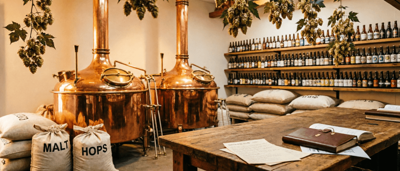 Craft brewery workspace with copper brewing equipment