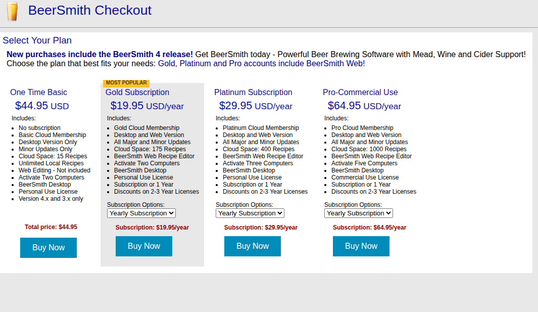 BeerSmith 4 Pricing Tiers
