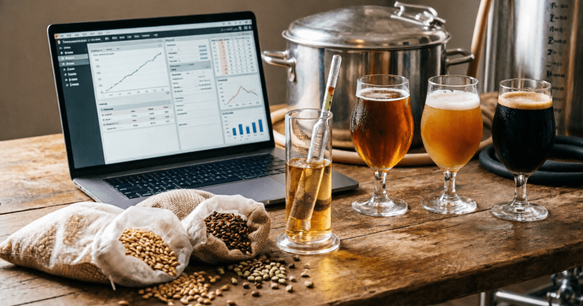 Homebrewing workspace with brewing software, craft beer, grains, and hops