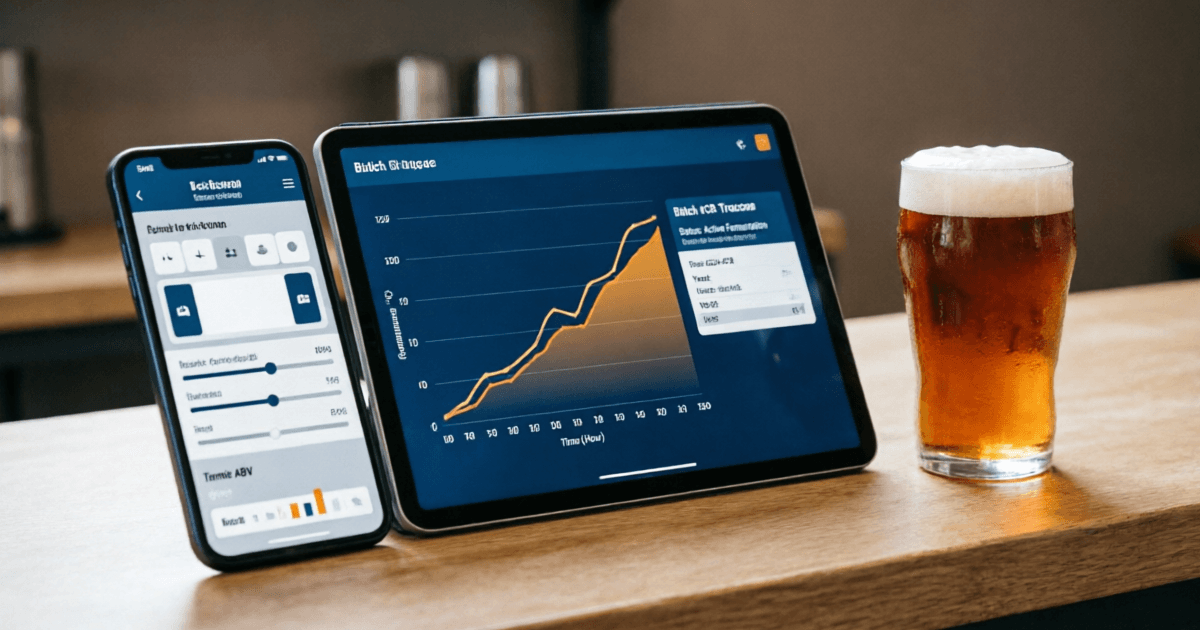 brewfather vs beersmith - Home brewery workspace with brewing software on laptop, surrounded by professional brewing equipment