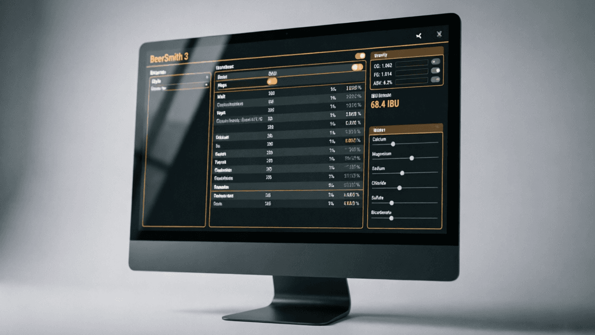 BeerSmith 3 software interface showing recipe builder with ingredient lists, gravity calculations, and water chemistry panel