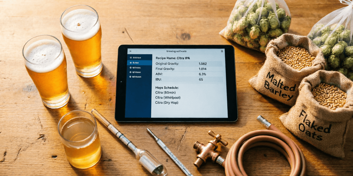 Homebrewing setup with beer brewing software on tablet, craft beer glasses, grain sacks, and hops