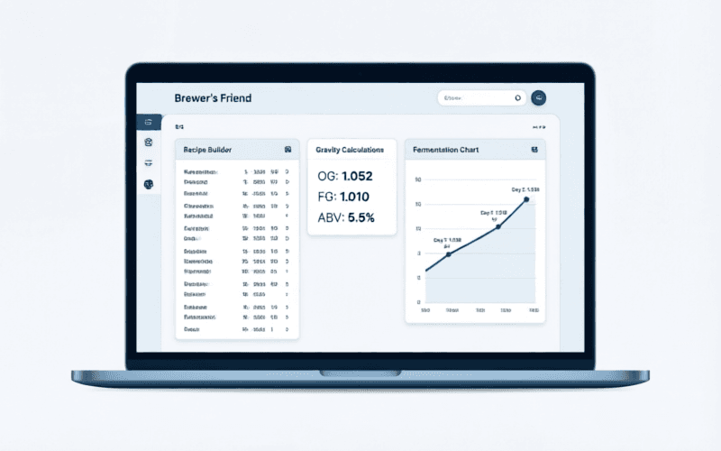 Brewer's Friend brewing software interface showing recipe builder with ingredient lists and gravity calculations