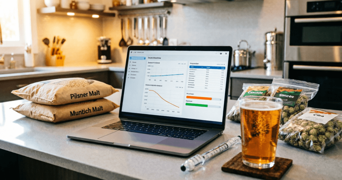 Homebrewing setup with brewing software on laptop, surrounded by brewing equipment and craft beer