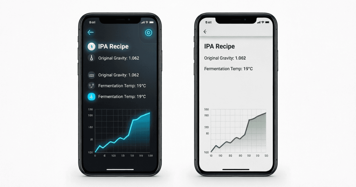 Side-by-side comparison of brewing app interfaces on mobile devices showing recipe data and fermentation graphs
