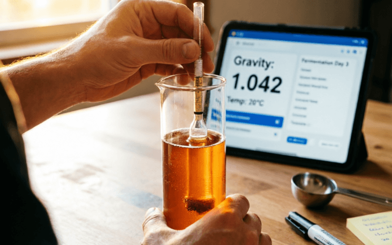 Homebrewer checking hydrometer reading with brewing software tablet in background