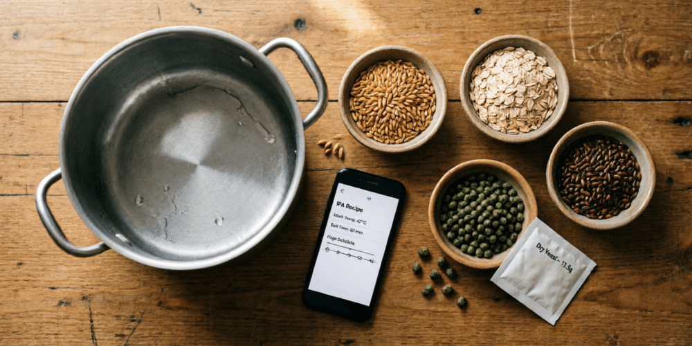 Overhead view of brewing ingredients and equipment with smartphone showing recipe app