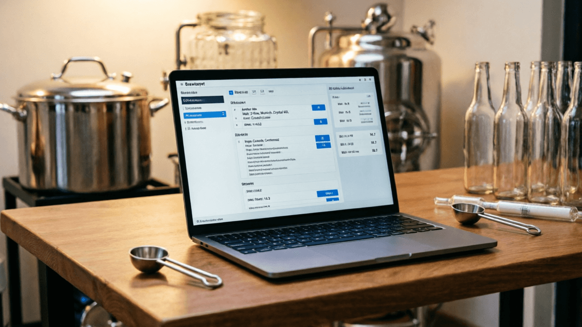 Brewtarget brewing software interface showing recipe editor with IBU and SRM calculations