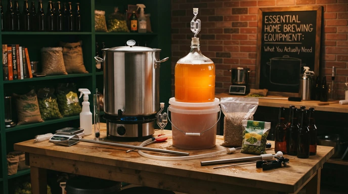 Essential home brewing equipment including fermenter, kettle, sanitizer, and hydrometer