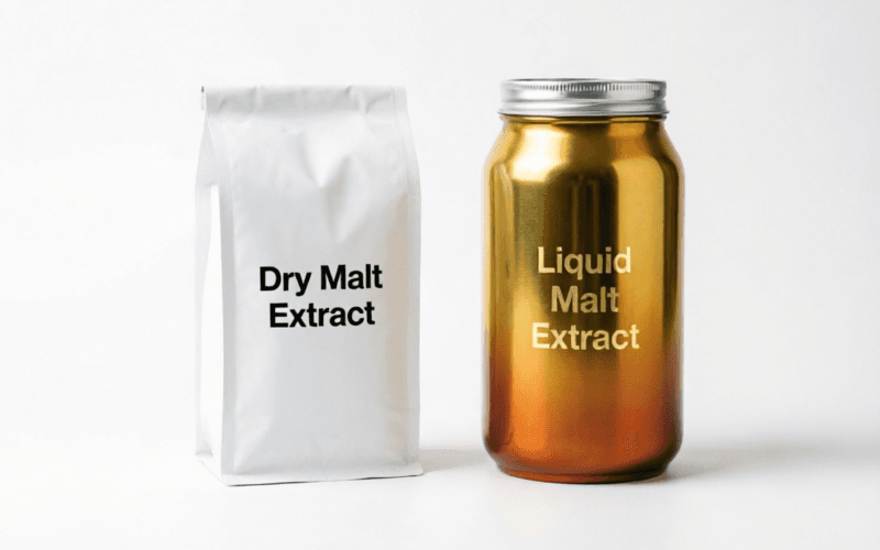 Comparison of Dry Malt Extract (DME) in a white bag and Liquid Malt Extract (LME) in a gold can - two types of brewing malt extract