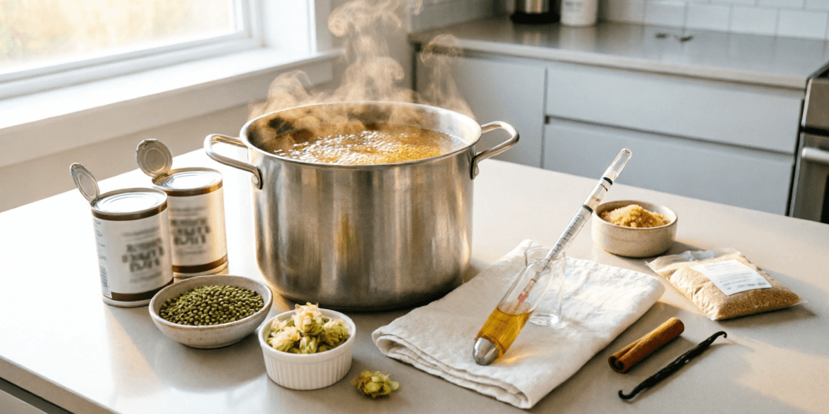 Extract brewing setup showing a stainless steel brew kettle with golden wort, malt extract, hops, and brewing ingredients on a clean kitchen counter