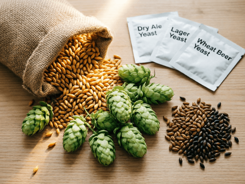 Home brewing ingredients - fresh hops, malted barley, brewing yeast, and specialty grains arranged on wooden surface