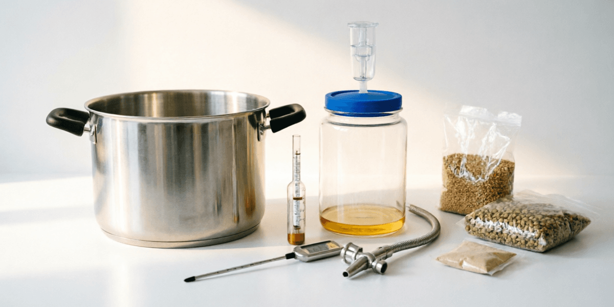 Complete home brewing setup with kettle, fermenter, hydrometer, and ingredients on a clean kitchen counter
