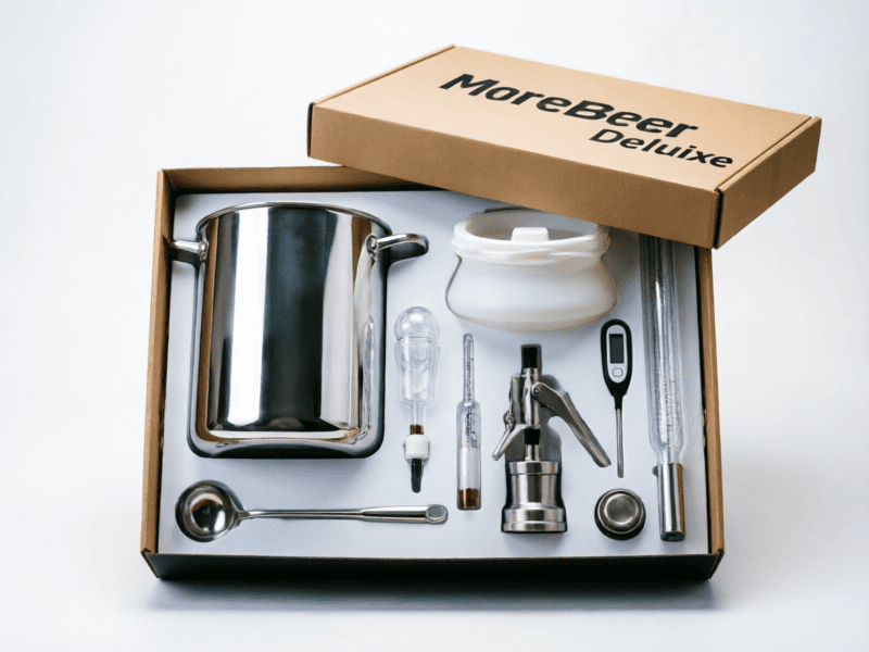 MoreBeer Deluxe Home Brewing Kit - complete starter kit with stainless steel kettle, fermenter, and brewing tools